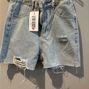 12th Tribe Women's Distressed Denim Shorts - Light Blue